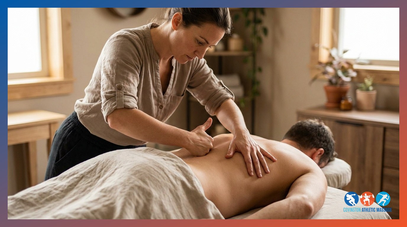 A massage therapist applying trigger point pressure to a client's lower back during a deep tissue pain relief therapy session.