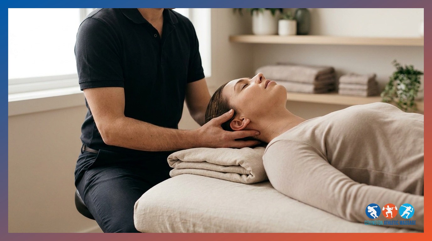 A massage therapist releasing tension at the base of a client's skull to address neck pain and tension headaches.