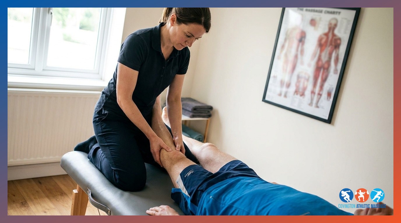 A sports massage therapist assessing and treating a runner's lower leg and knee on a clinical massage table.