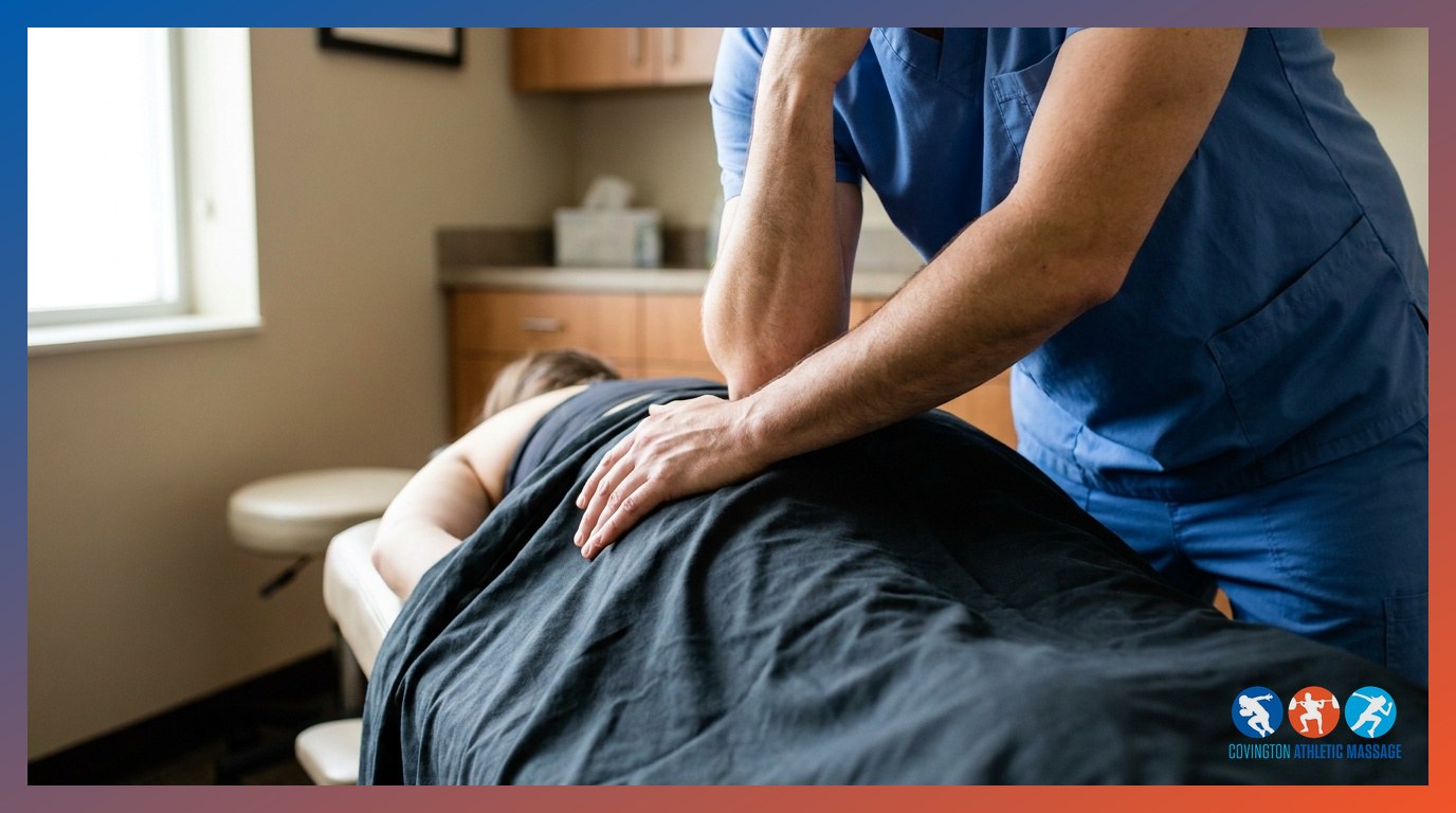 A sports massage therapist applying deep sustained pressure to the piriformis and hip rotator muscles of a prone patient.