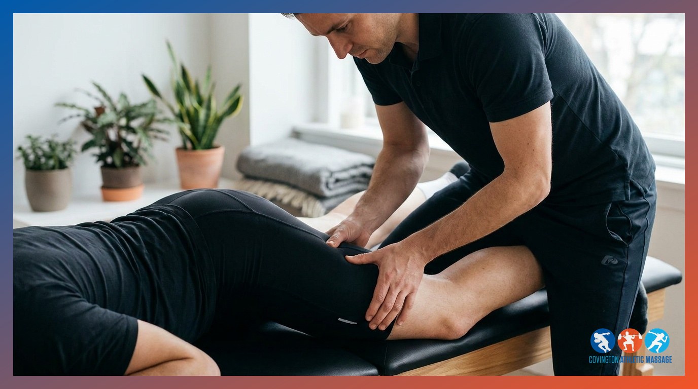 A sports massage therapist releasing the outer hip and lateral thigh muscles of a cyclist to address IT band tension.