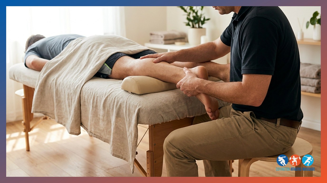 A sports massage therapist working deep tissue strokes into the calf and Achilles tendon of an athlete with heel pain.