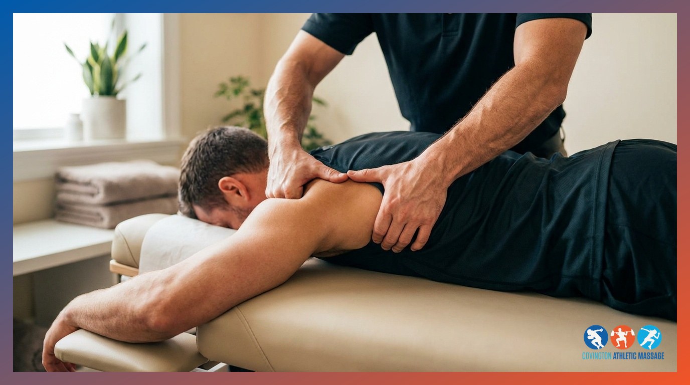 A sports massage therapist performing deep tissue work on the rotator cuff and shoulder blade muscles of an athlete.