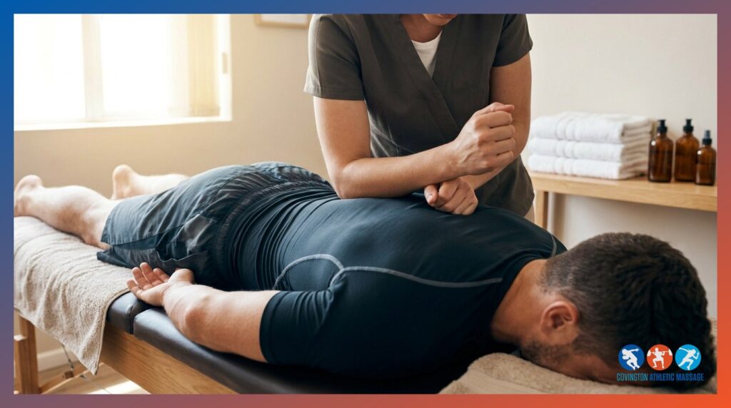 Sports massage therapist applying deep tissue pressure to an athlete's upper back on a clinic treatment table.