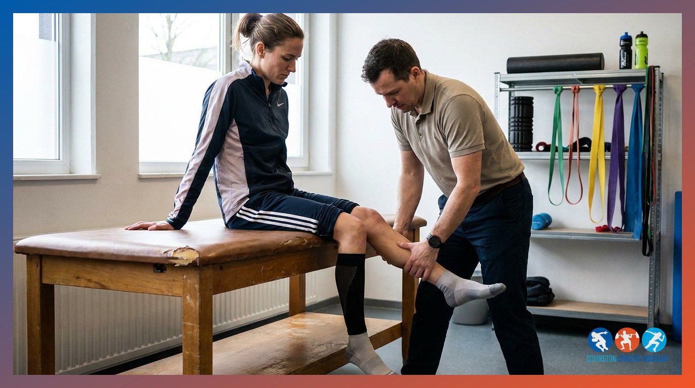 Sports massage therapist working deep tissue techniques into a runner's calf muscle during a recovery session.