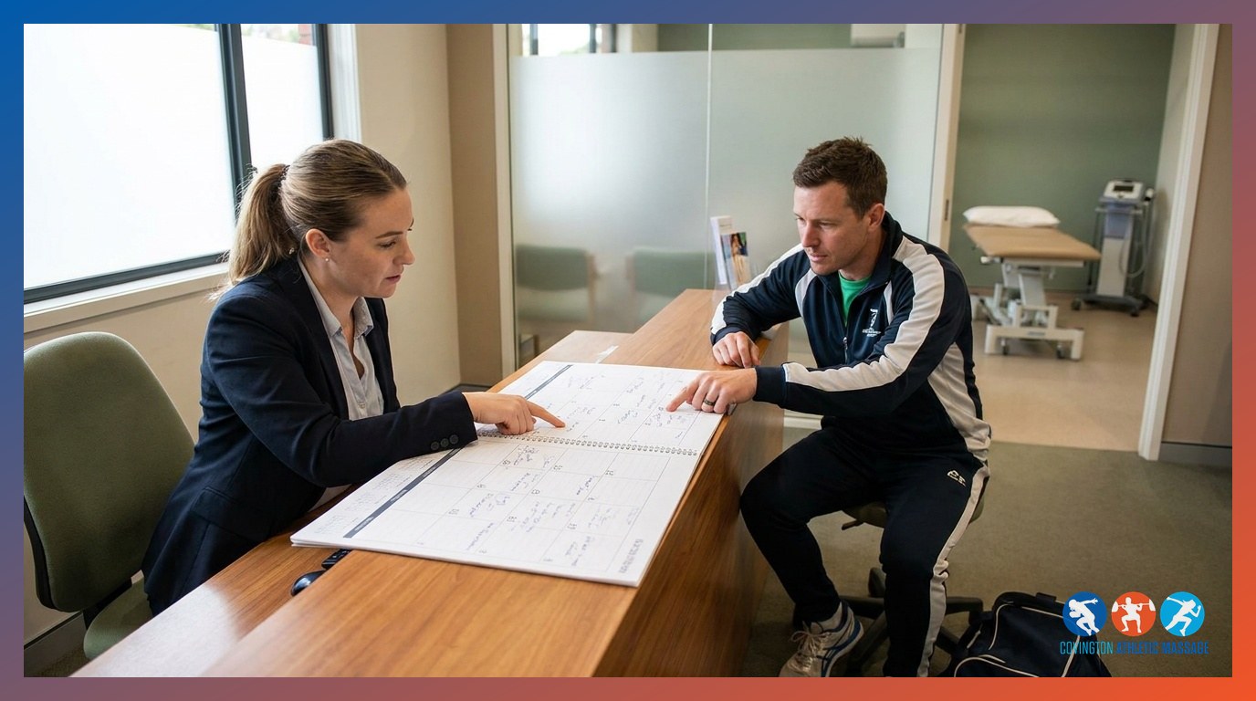 Athlete and clinic receptionist scheduling recurring monthly sports massage appointments at a front desk.