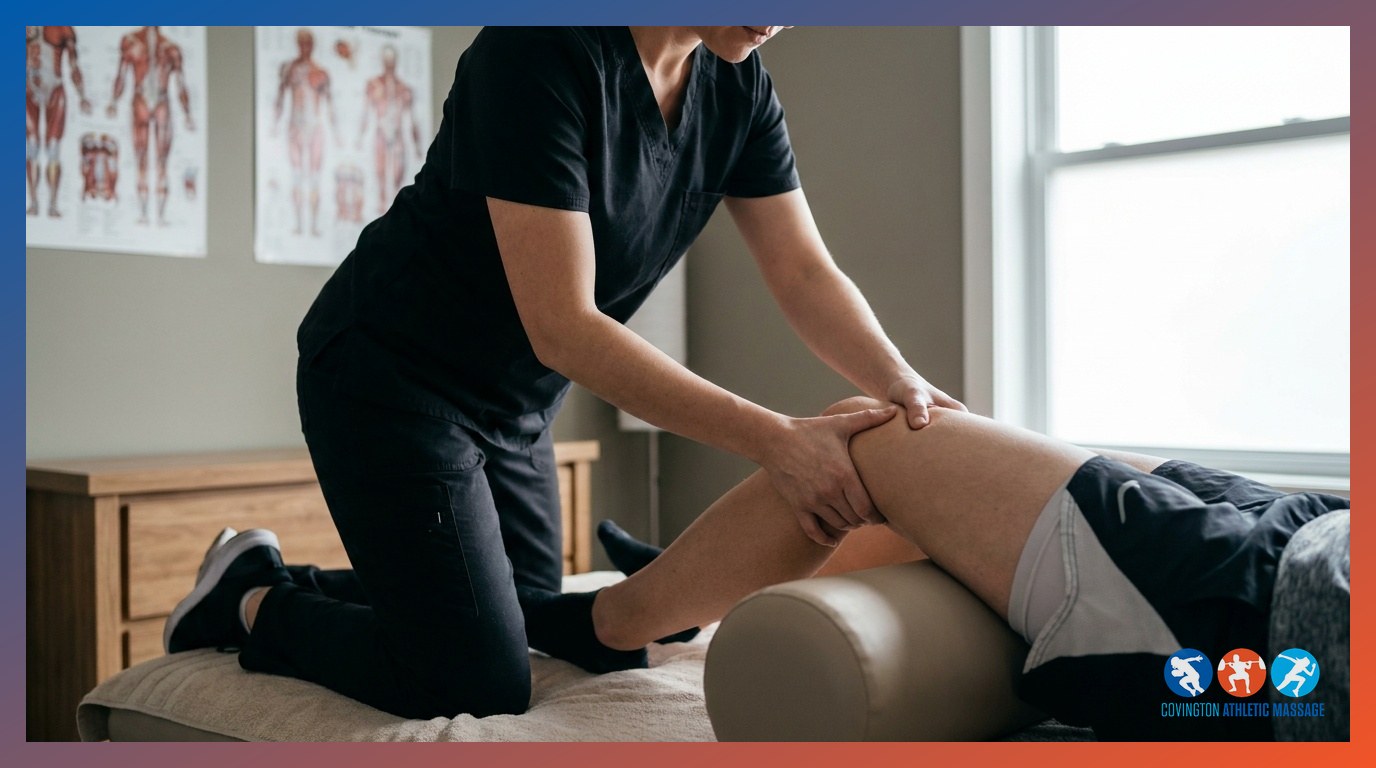Sports massage therapist performing focused soft tissue rehabilitation work on an athlete's knee during an injury recovery
