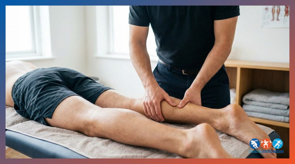 Sports massage therapist applying deep tissue work to an athlete's calf and Achilles tendon area during an injury care