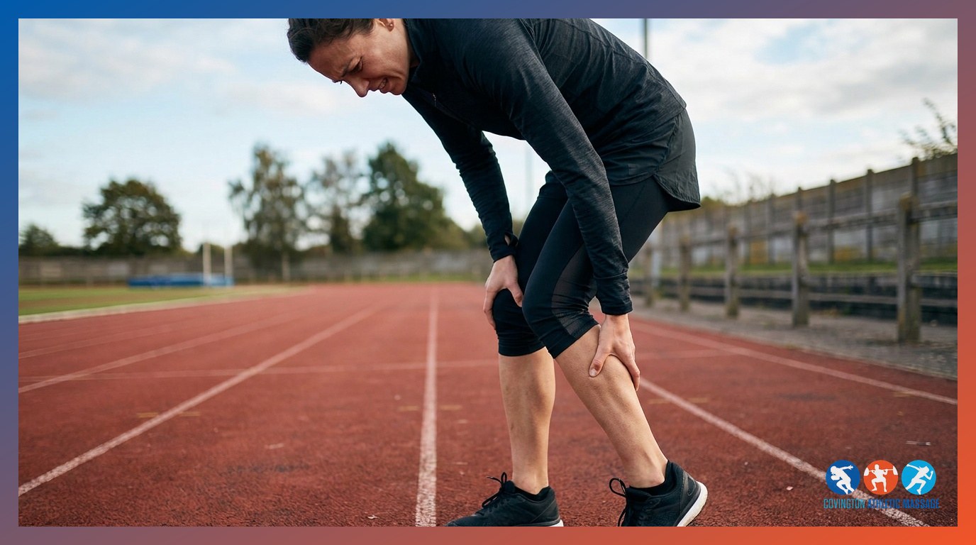 Runner pausing on a track to grip their lower leg, showing signs of Achilles tendon pain from repetitive training overload.