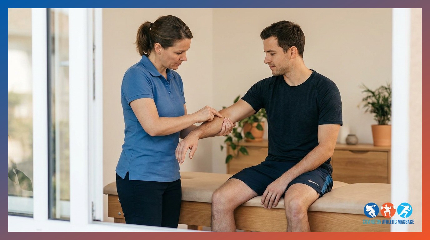 Sports massage therapist applying targeted manual pressure to an athlete's lateral elbow for tennis elbow treatment.