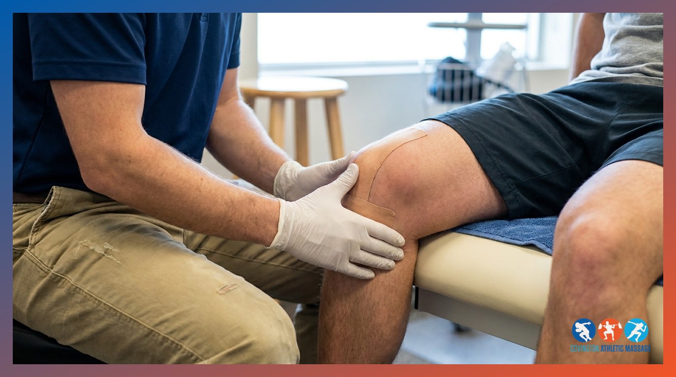 Therapist's hands performing cross-fiber friction massage on an athlete's patellar tendon below the kneecap.