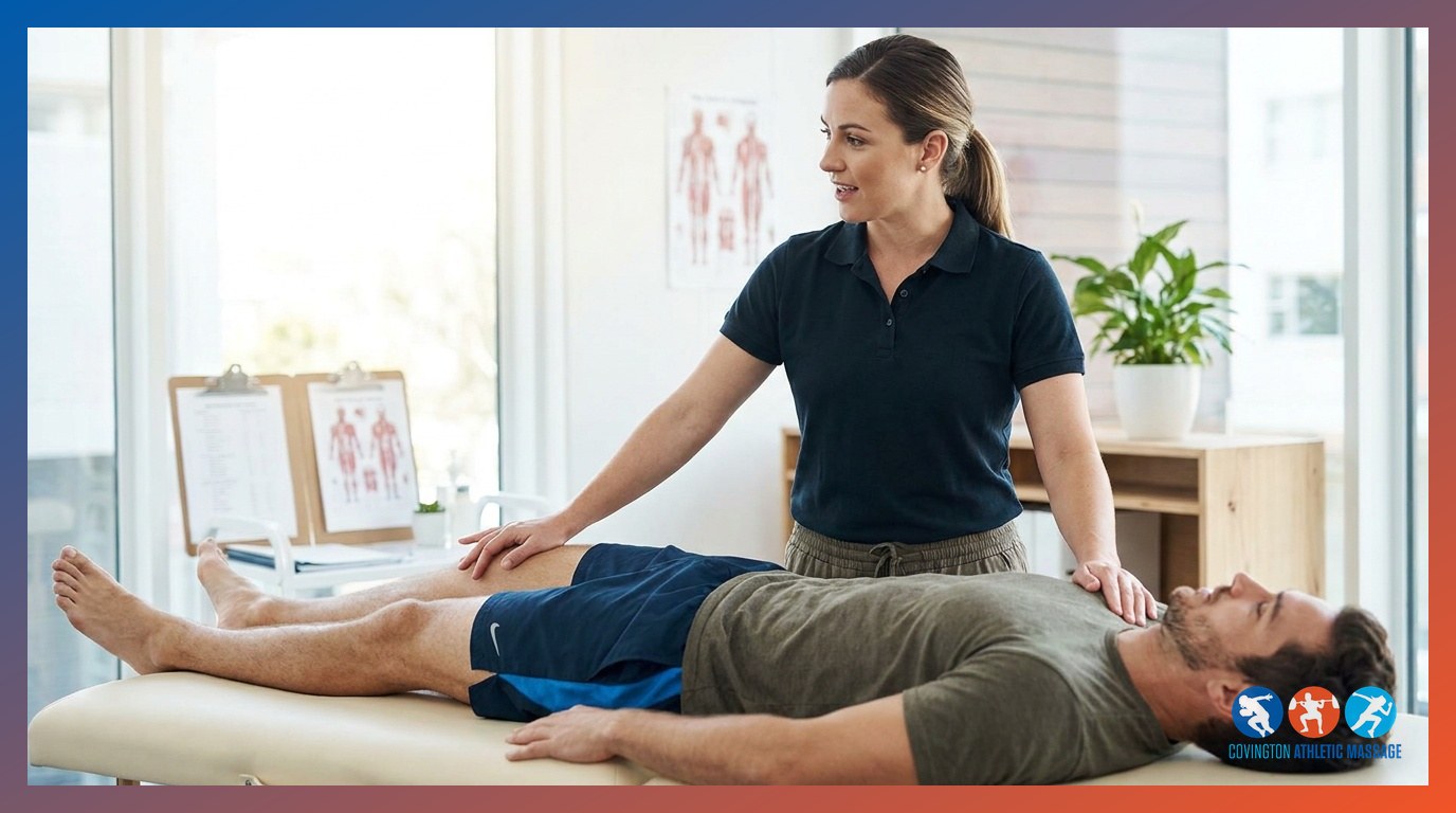 Sports massage therapist conducting a pre-session intake assessment with an athlete on a treatment table in a clinic.