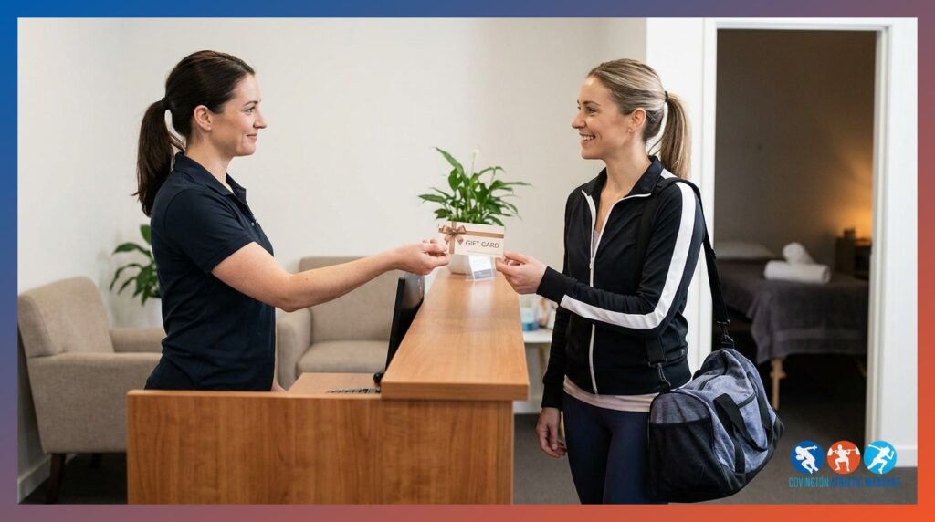 Sports massage gift card being handed to an athlete at an athletic massage clinic reception desk.