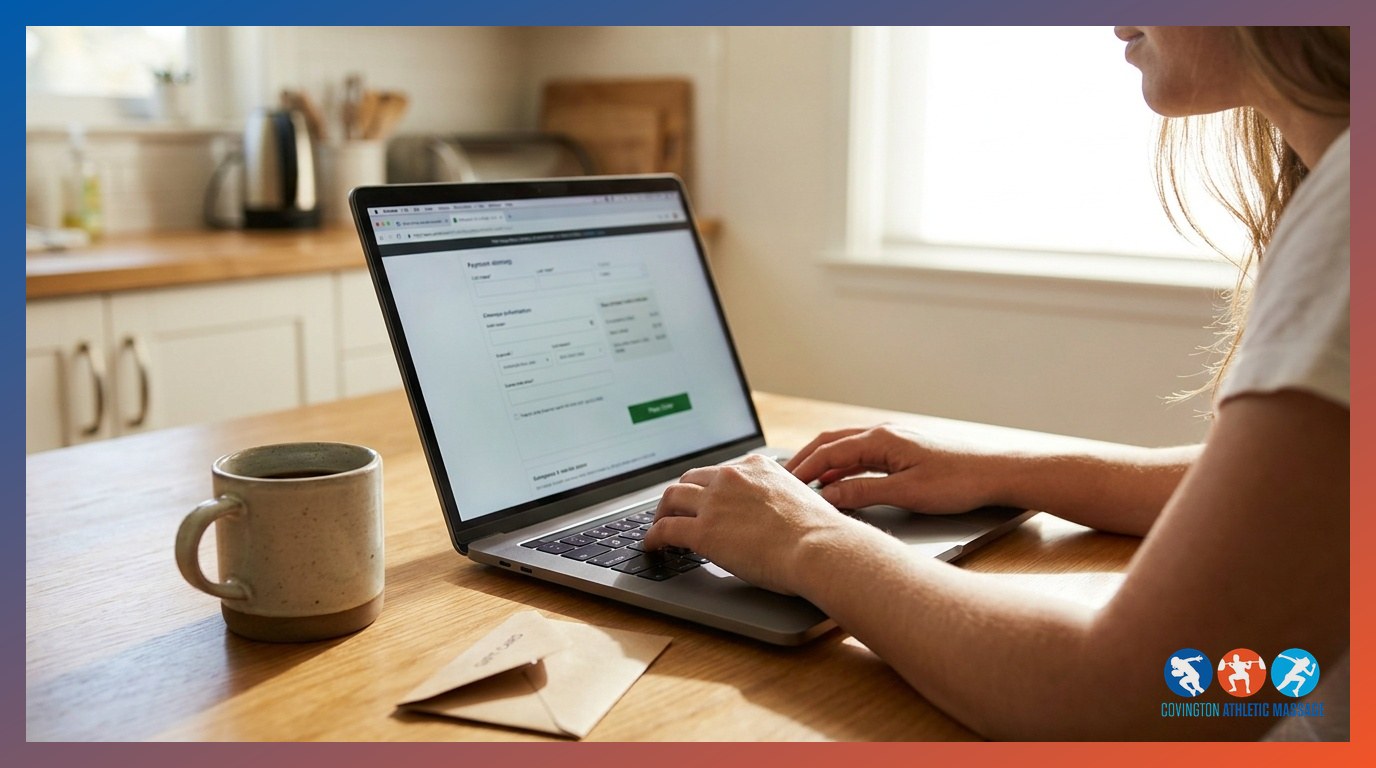Person purchasing a sports massage gift card online with a physical card envelope nearby.