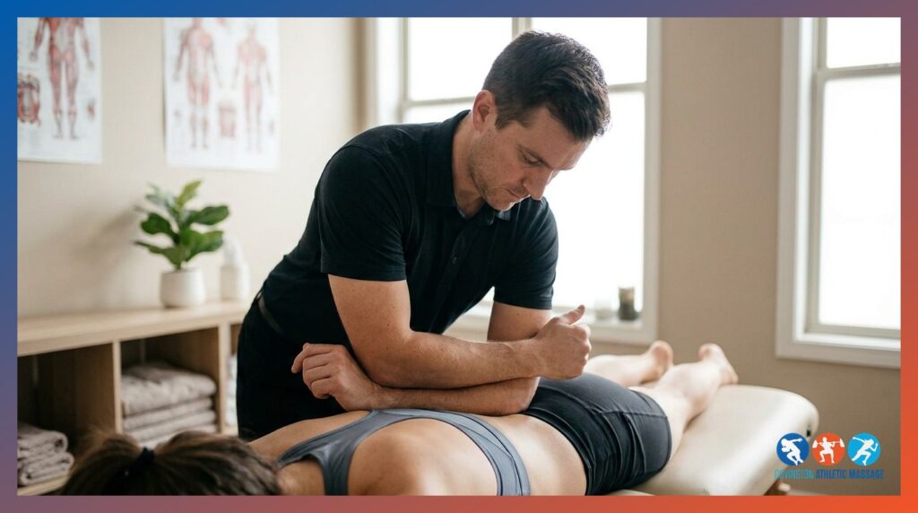 Massage therapist applying deep tissue pressure to an athlete's lower back on a treatment table.