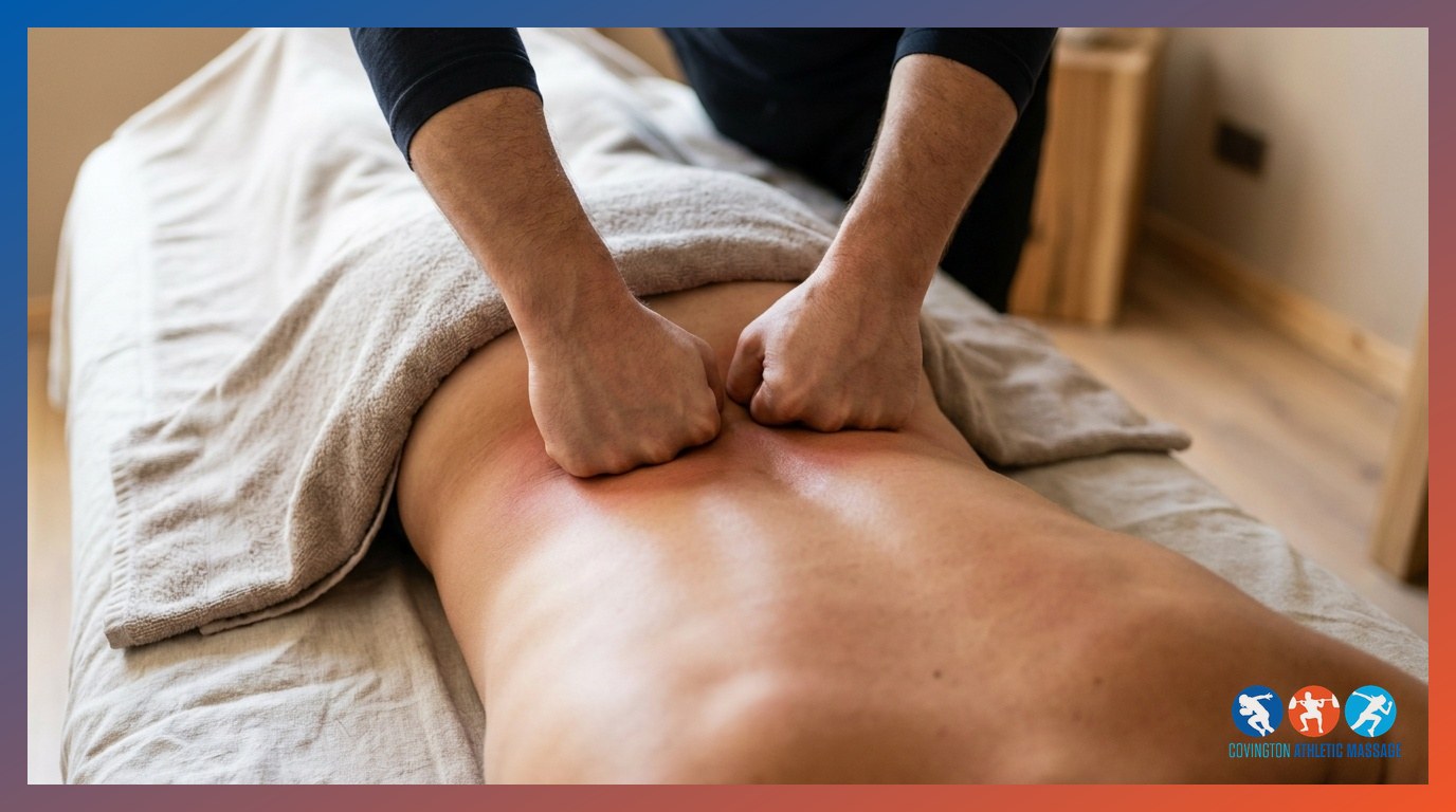 Therapist's hands applying deep pressure to lumbar paraspinal muscles during a deep tissue massage session.