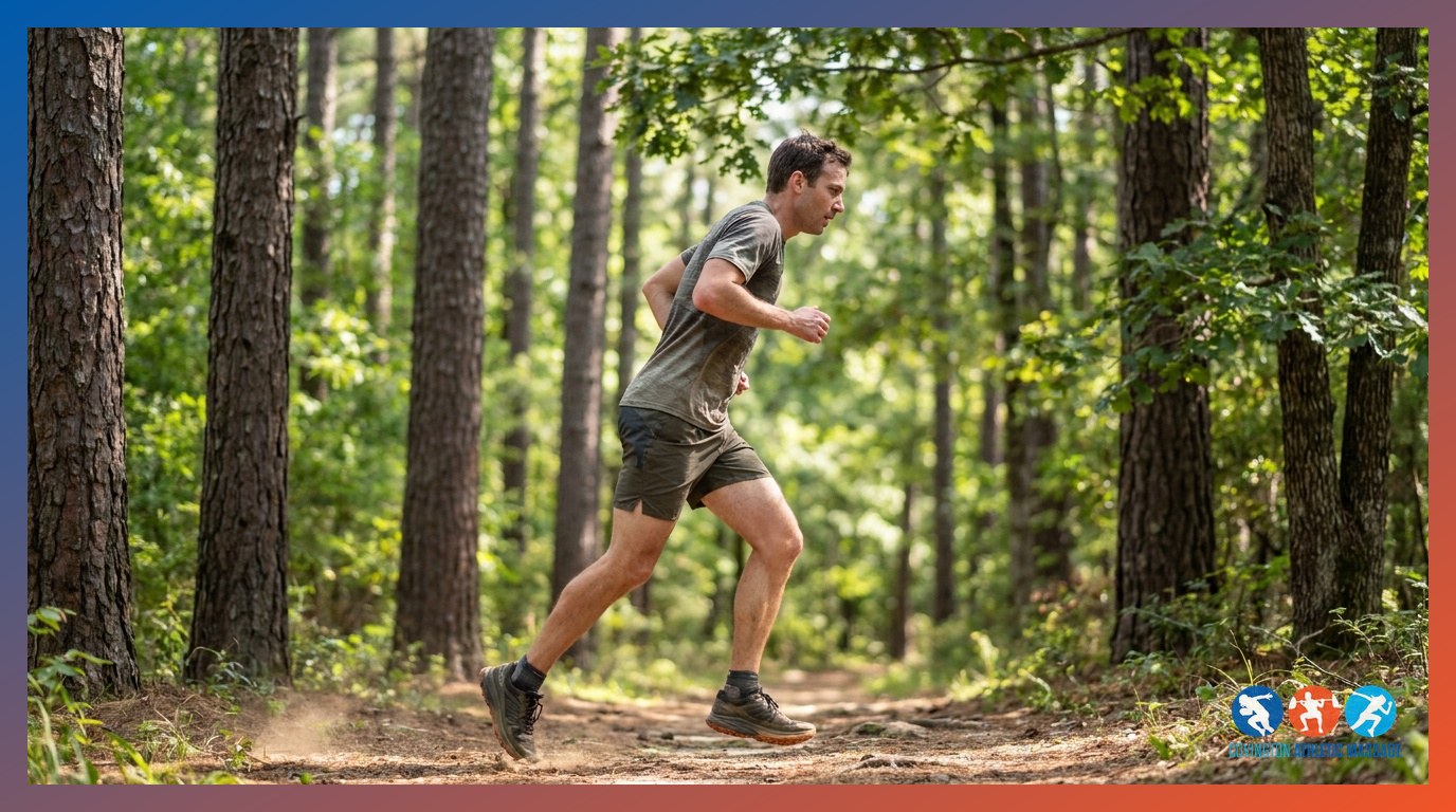 Male runner mid-stride on a wooded trail demonstrating hip flexor engagement and forward lean.