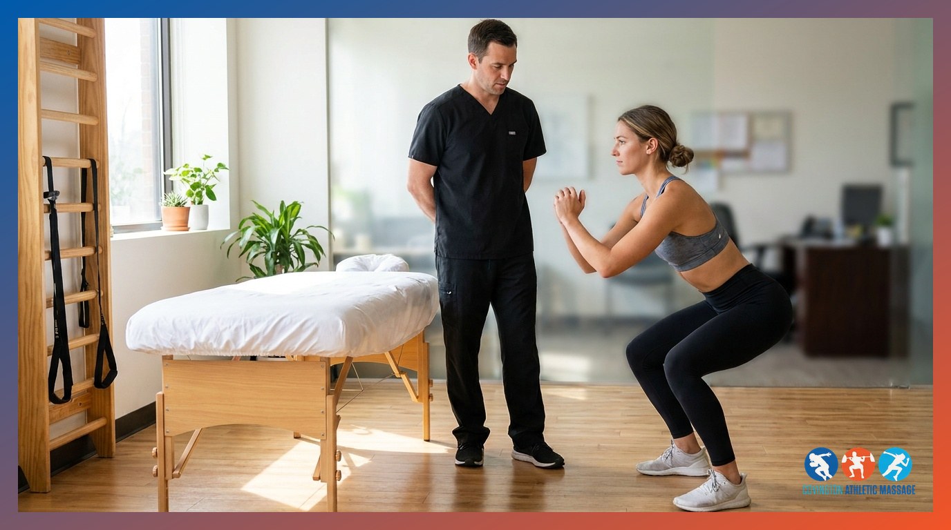 Massage therapist observing an athlete performing a squat movement assessment inside a clinic room.