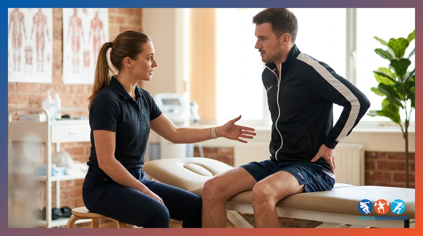 Massage therapist consulting with an athlete about lower back symptoms before a therapy session.