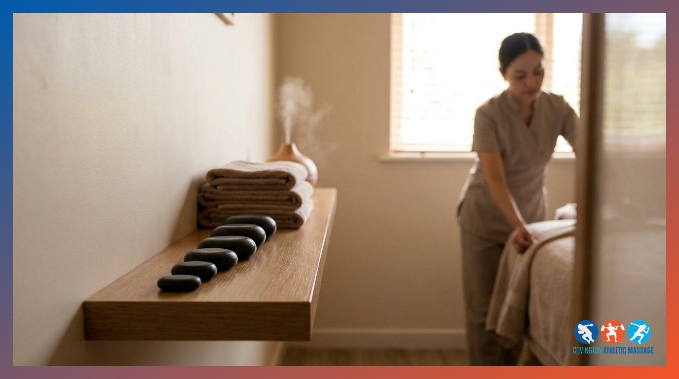Massage clinic treatment room with a therapist preparing the table for a follow-up deep tissue session.