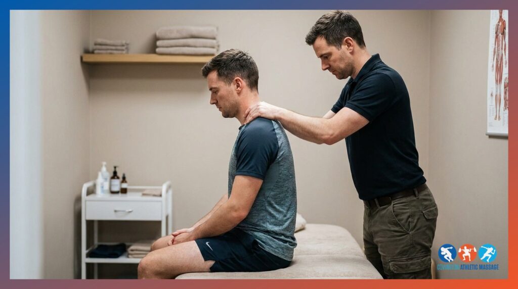 Sports massage therapist applying deep tissue pressure to an athlete's neck and upper trapezius in a clinic treatment room.
