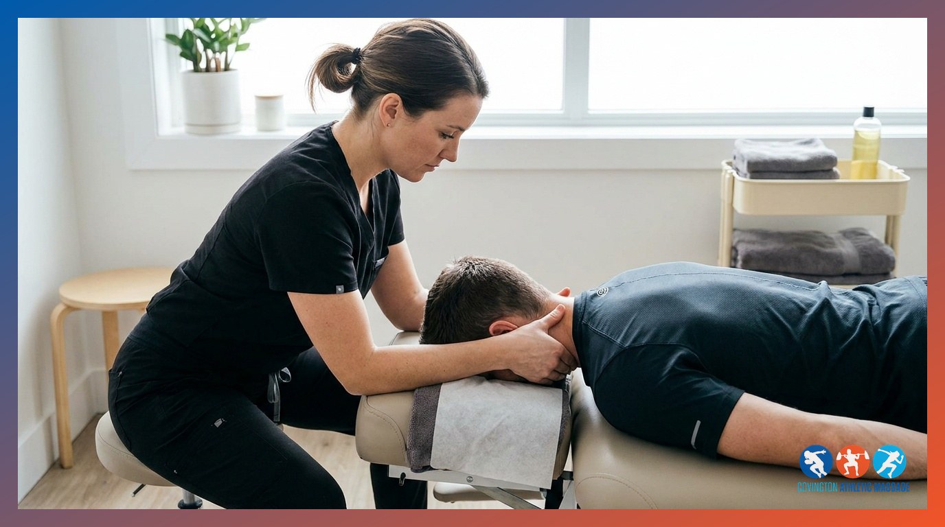 Massage therapist targeting the posterior cervical muscles of an athlete lying face-down on a treatment table.