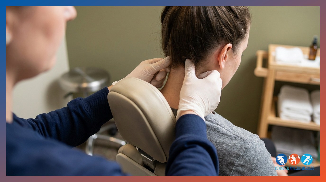Therapist applying trigger point release pressure to the suboccipital muscles at the base of a client's skull.