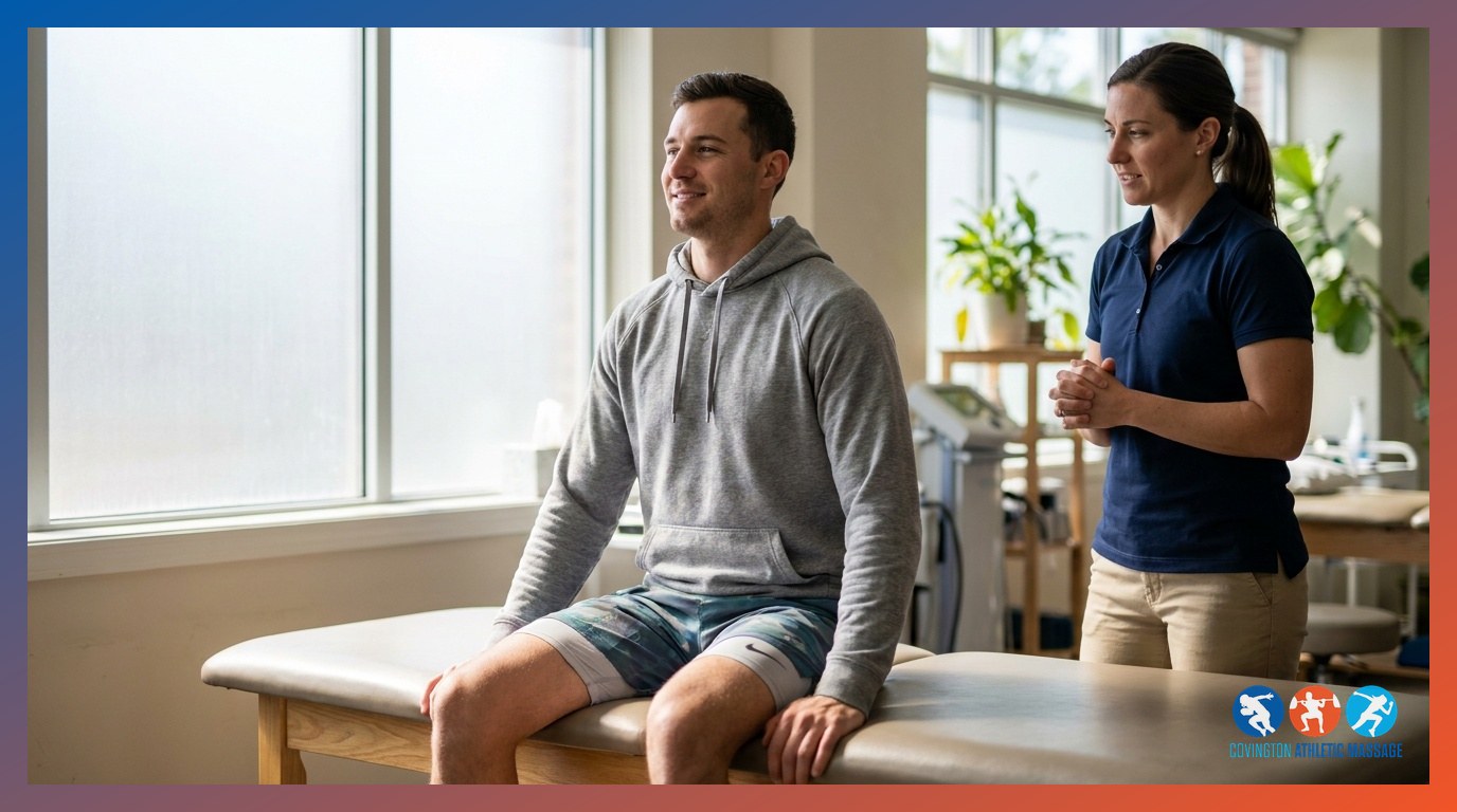Athlete testing restored cervical range of motion while seated on a treatment table after a neck massage session.