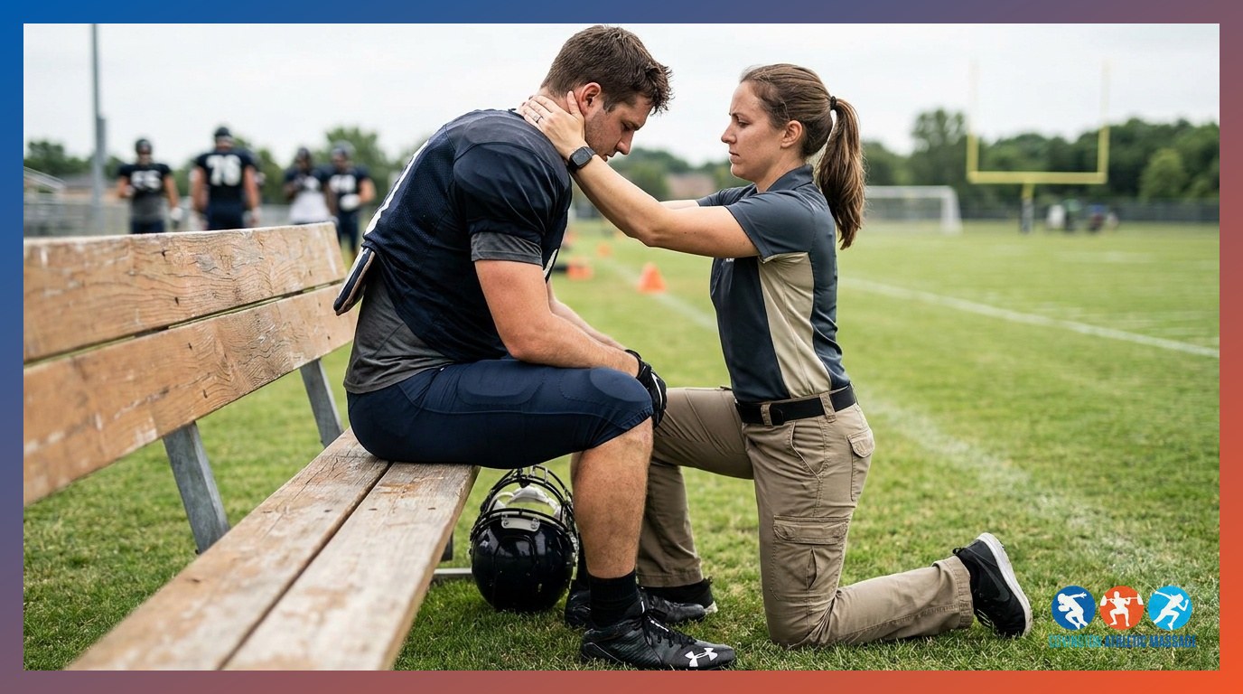 Sports massage therapist treating a football player's neck and scalene muscles on the sideline of a practice field.