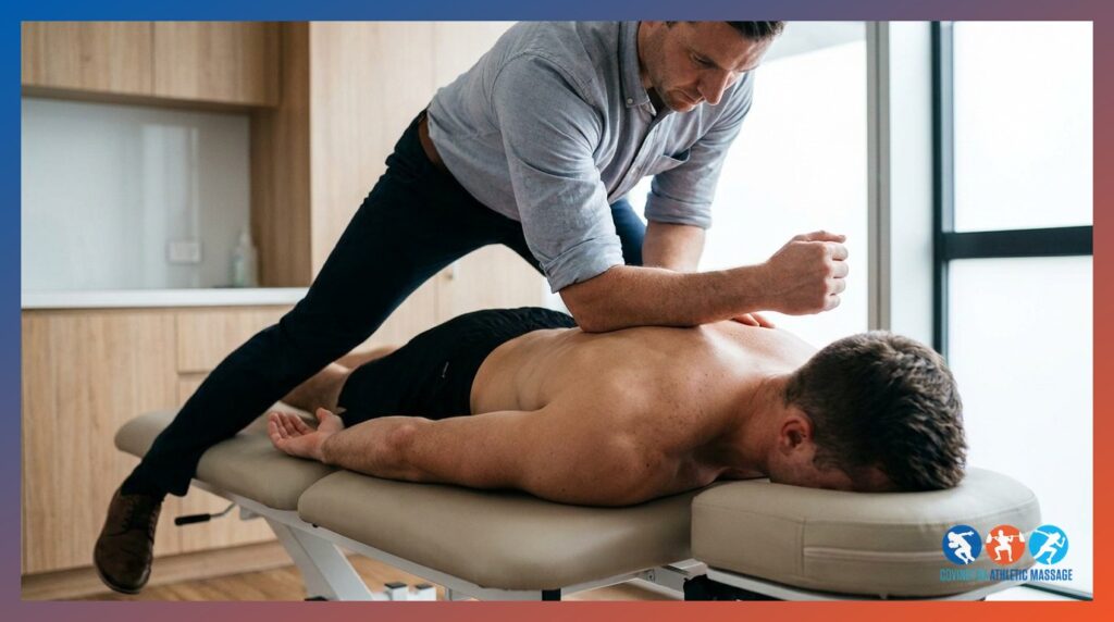 Sports massage therapist applying deep tissue pressure to an athlete's upper back and shoulder on a treatment table.