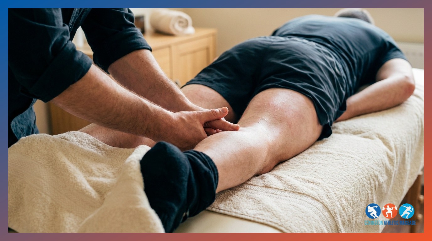 Massage therapist using thumbs to work deep into a runner's hamstring tissue on a clinical treatment table.