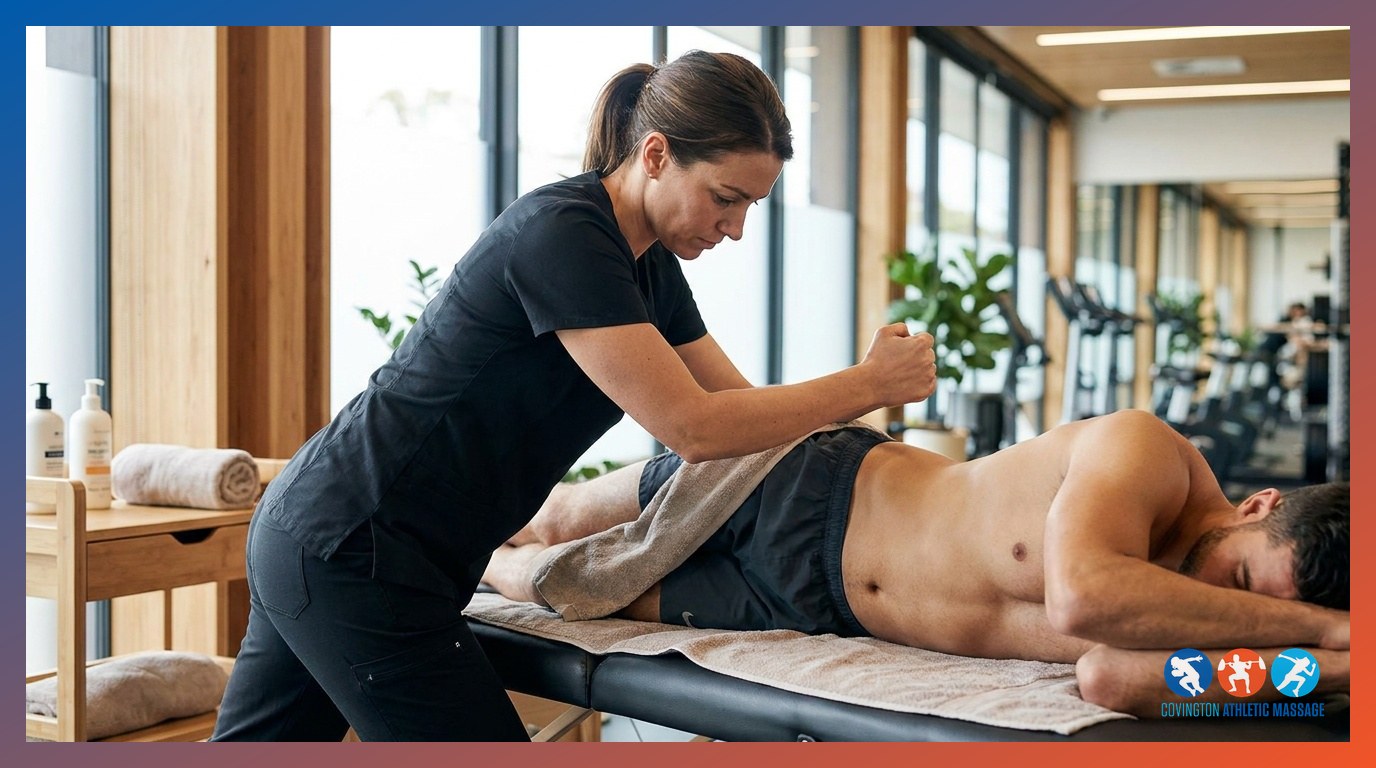 Deep tissue sports massage therapist applying a directional stroke along an athlete's IT band and outer hip.