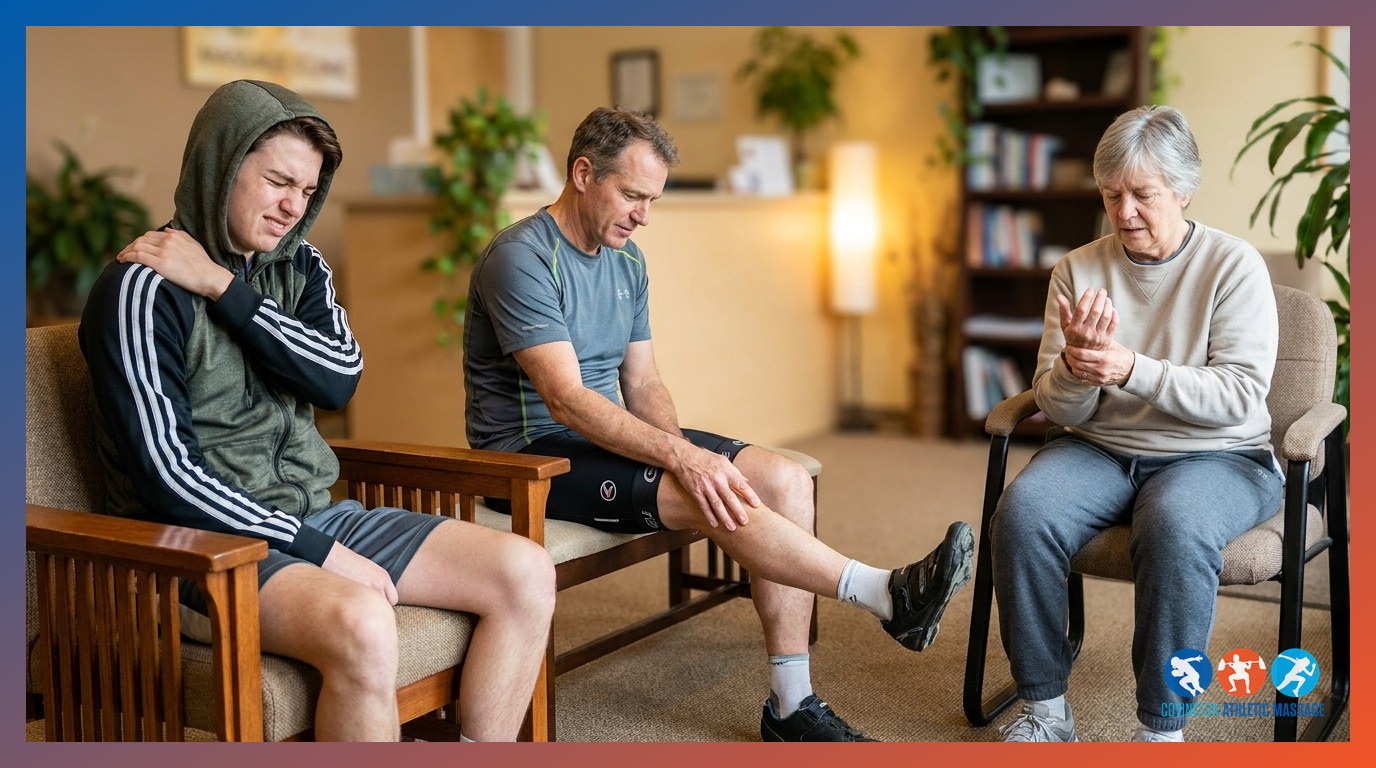 Three athletes of different ages sitting in a massage clinic waiting area, each tending to a sore joint before their session.