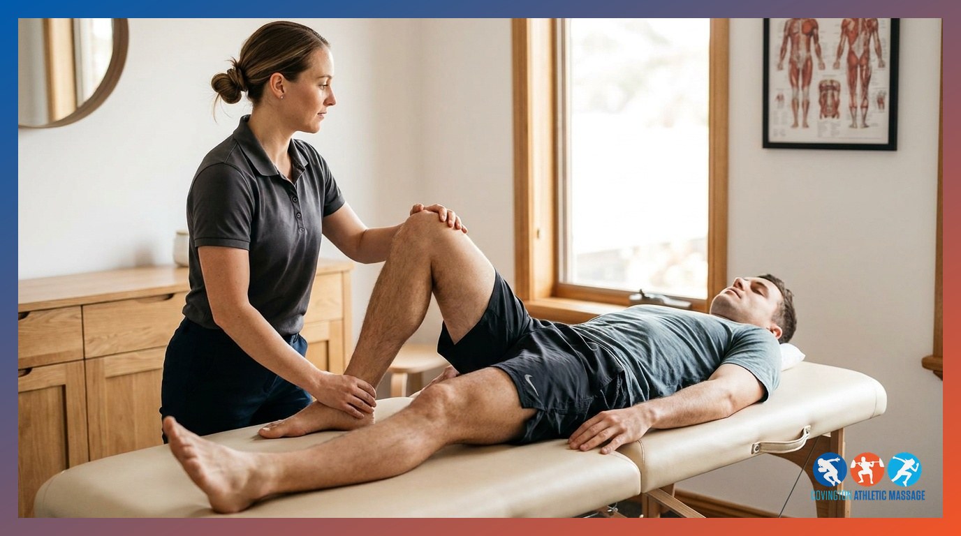 Sports massage therapist conducting a passive range-of-motion assessment on an athlete's leg before a treatment session.